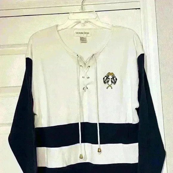 VICTORIA SPORT Vintage Sweater Top Sweatshirt Drawstring Striped Crest Classic - Picture 8 of 13